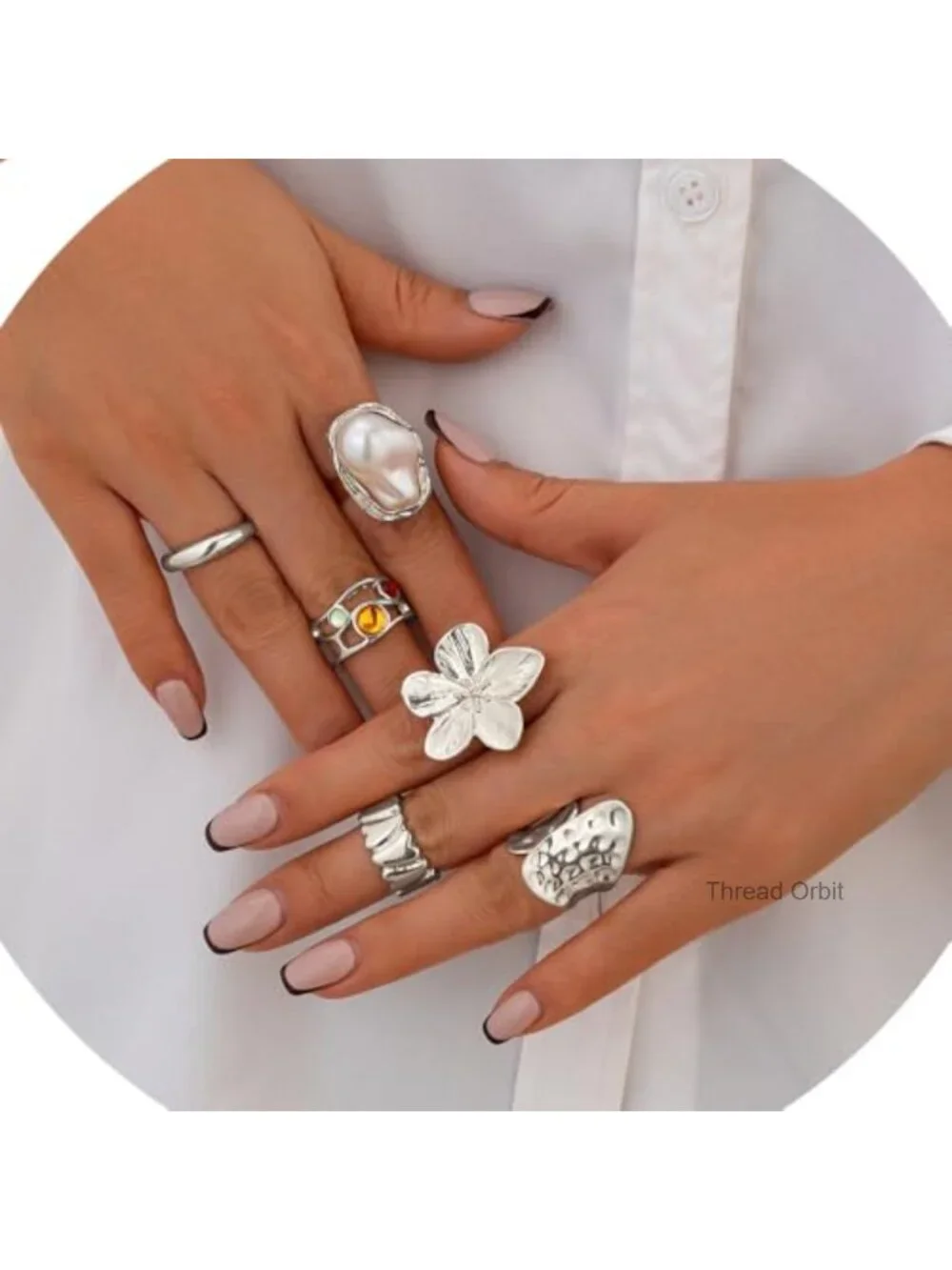 6pcs Flower Baroque Pearl Gold Rings Set Dainty Stackable Adjustable Boho